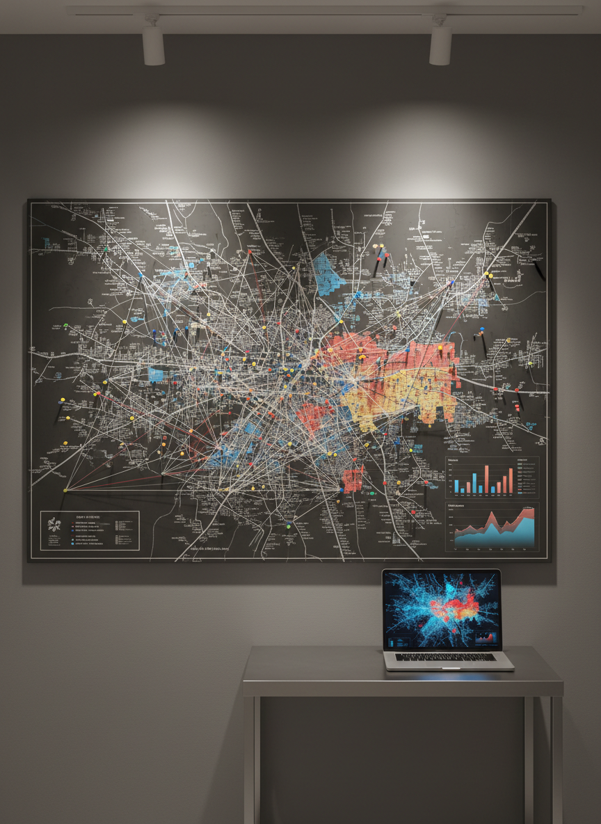 A large, high-resolution city map mounted on a smooth dark-gray wall, covered with precisely placed colored pins and thin string lines forming clear patterns between crime locations. Beside the map, a sleek laptop rests on a minimalist metal table, its screen displaying a professional crime heatmap and behavioral trend graphs in cool blues and subtle reds. Neutral overhead lighting casts soft, even illumination, reducing glare and emphasizing details on the map and screen. Photographic realism with a slightly elevated angle reveals the full analytical setup while keeping the background intentionally simple and uncluttered. The atmosphere is analytical and strategic, conveying data-driven criminal behavior insights within a clean, modern, and professional environment.