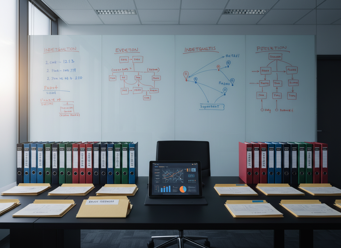 A meticulously organized modern investigation workspace with a large matte-black desk covered in neatly arranged evidence folders, color-coded case binders, and a central digital tablet displaying a clean, data-driven crime analytics dashboard. Around the desk, a wall-mounted glass whiteboard features crisp diagrams, timelines, and location markers in red and blue ink. Cool, diffused overhead office lighting combines with a soft side glow from a frosted window, creating gentle reflections on the glass and tablet screen. Shot at eye level in photographic realism with sharp focus throughout, the composition uses the rule of thirds to emphasize the analytical tools. The mood is professional, focused, and methodical, highlighting research-driven criminal behavior analysis without showing any human presence.