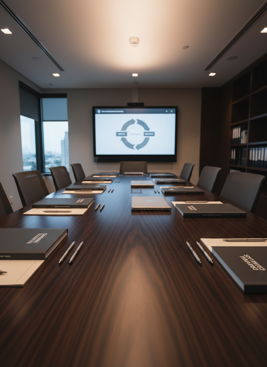 An elegant conference table of dark walnut wood in a professional training room, its surface neatly arranged with structured training materials on criminal behavior analysis. Each station features a bound manual with a minimalist cover design, a lined notepad, precision pens, and a closed laptop with a subtle metallic sheen. At the far end, a large wall-mounted display shows a paused presentation slide with a clear behavioral model diagram and neutral color palette. Soft, indirect ceiling lighting produces gentle highlights on the wood grain and metal edges, avoiding harsh shadows. Captured in photographic realism from a slightly low, wide-angle perspective, the composition emphasizes order and preparedness. The mood is serious, educational, and consultative, supporting high-level training and professional development.